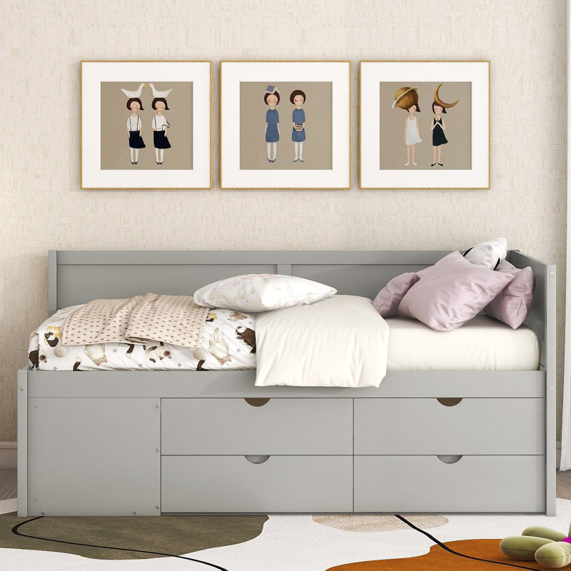 Lit de jour avec tiroirs et tablettes, Gris, Lit simple