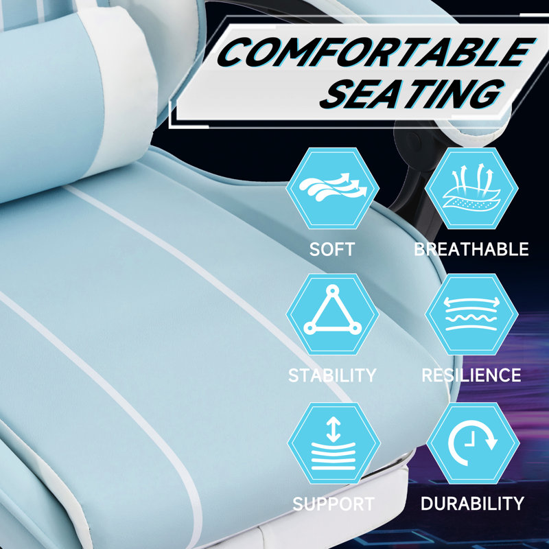 Fauteuil de jeu ergonomique en cuir bleu avec massage lombaire, hauteur de siège réglable et inclinaison en cuir, offrant un soutien complet du corps, massage rotatif à 360 °