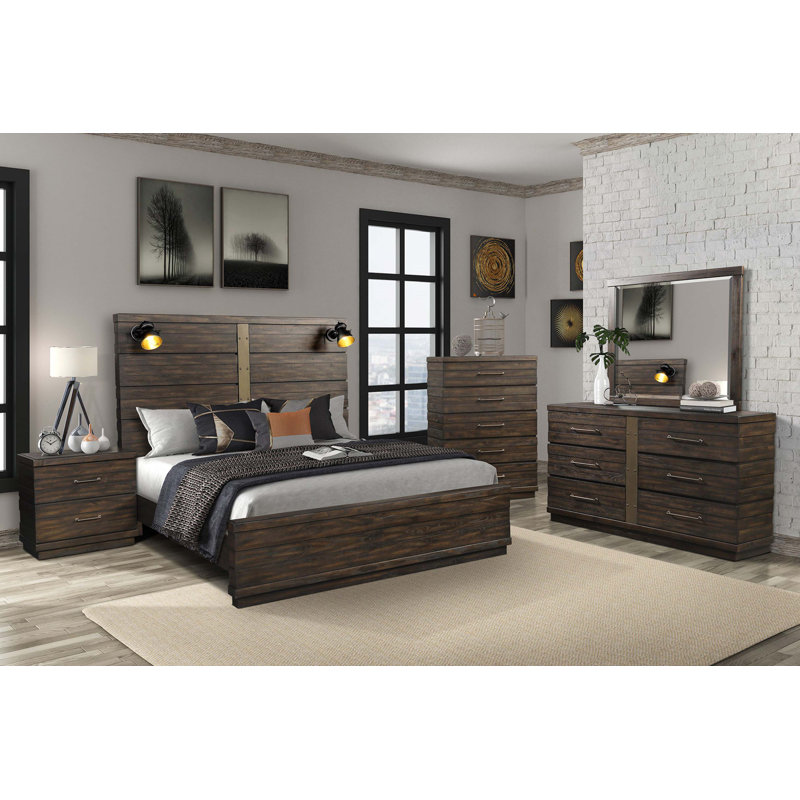 Grand lit de style campagnard industriel avec Bluetooth et lumières, Grand lit