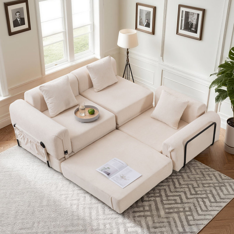 3-seater Boneless Convertible Folding Sofa Bed With Storage Pocket & Modular Design, Beige Polyester Blend