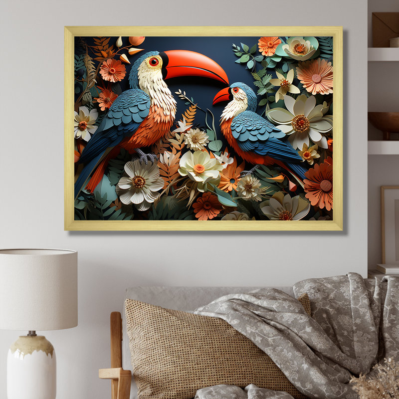 Bleu et rose, tropiques, toucan, collage II - art mural toucan, Cadre d'angle fermé noir, H 34 po x l 44 po x P 1,5 po