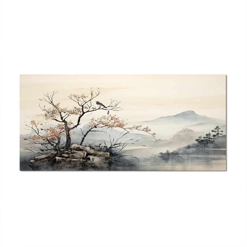 Art asiatique, art mural encadré Sumi Bird Serenity, H 28 po x l 60 po x P 1,5 po, Toile tendue