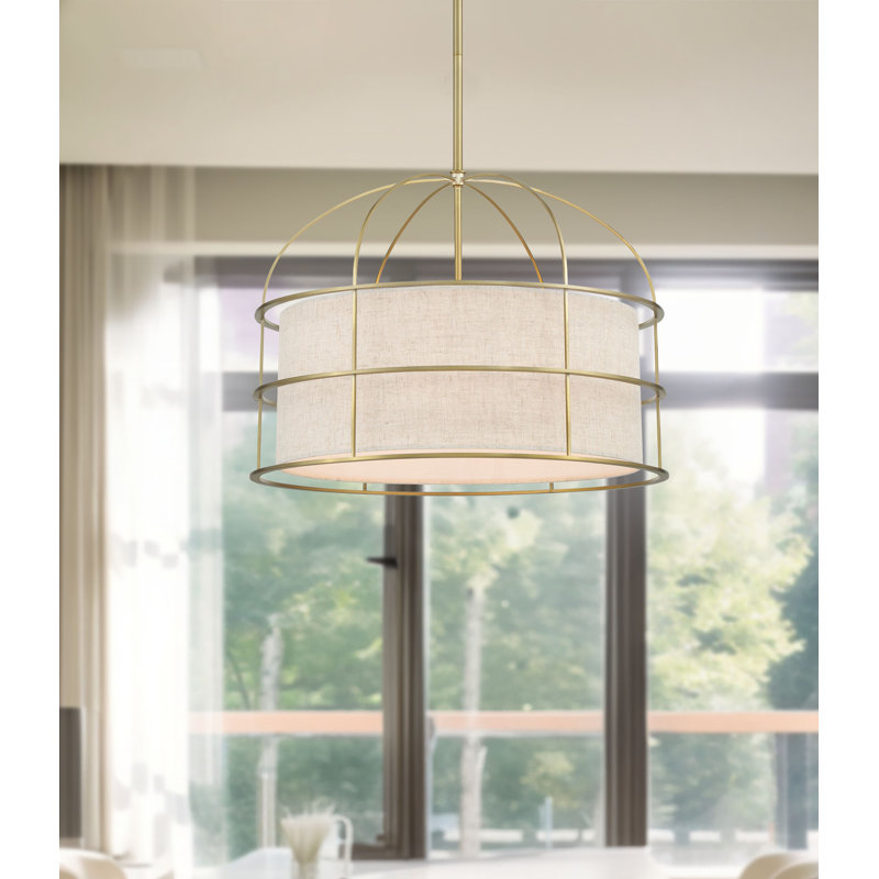 Latitude Run Gateway With Oatmeal Linen Pendant Light, Soft Brass