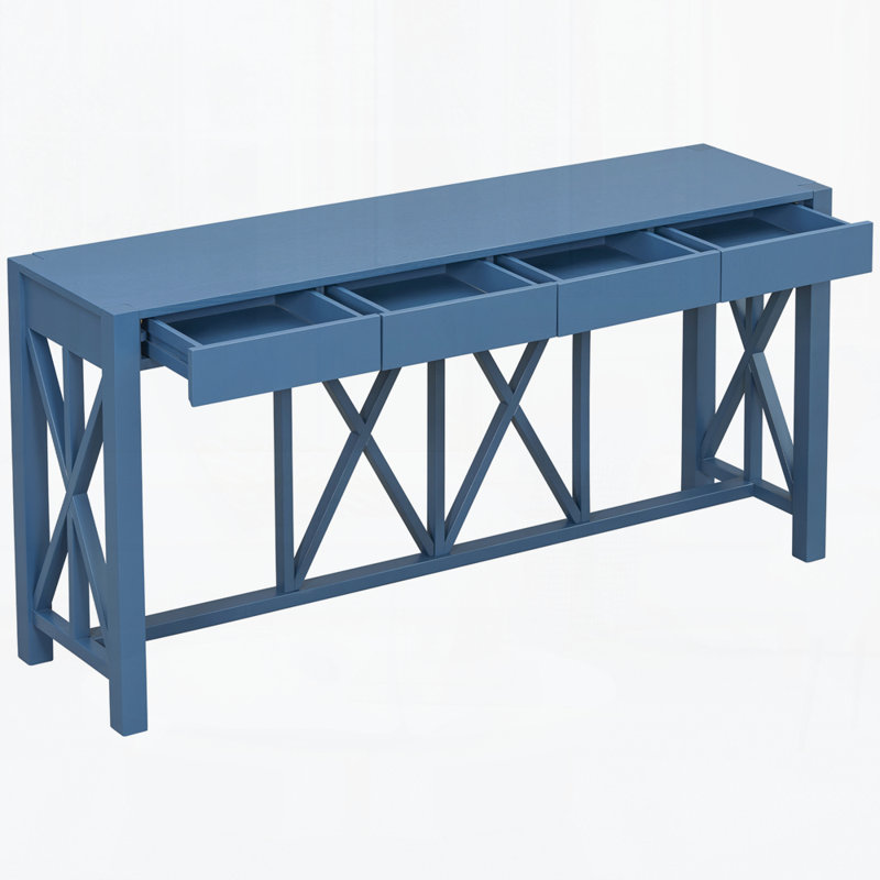 Rectangular Top Console Table with 4 Spacious Drawers, Open Bottom Storage, Navy Blue