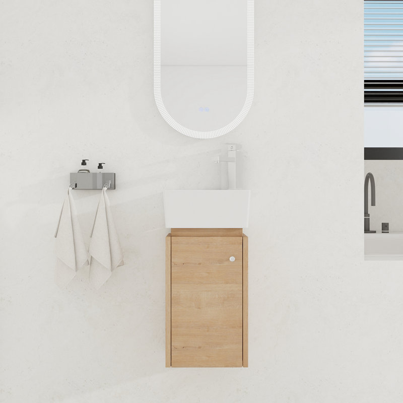 Vanyo 12'' Wall Mounted & Corner Single Bathroom Vanity with Ceramic Top, Imitative Oak