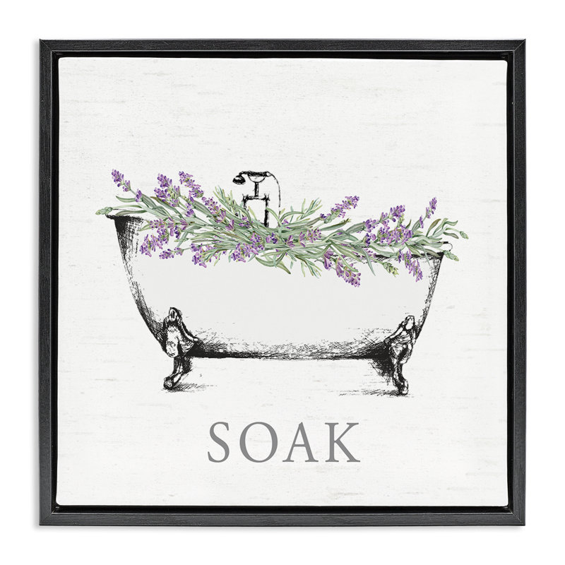 "Soak Bathaign", art mural encadré avec lavande, Cadre flottant noir de jais, H 18 po x l 18 po