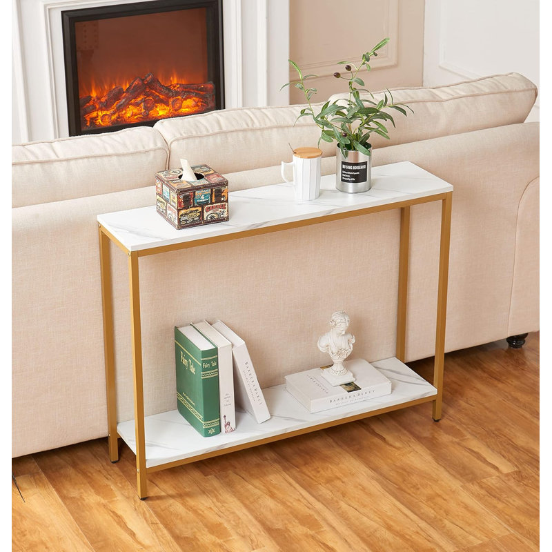 Console pour le vestibule. Table de canapé en panneau de fibres à densité moyenne (double couche), Doré, Marbre blanc