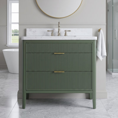 Ensemble de meuble-lavabo autoportant en bois massif de 36 po avec plateau, vert, assemblé