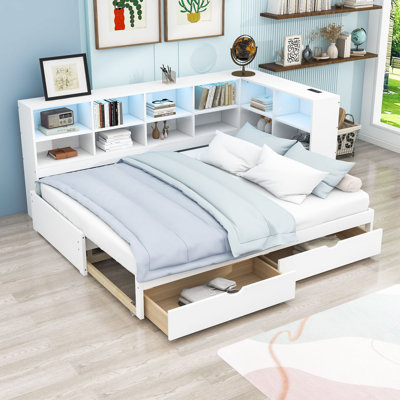 Daybed with Two Drawers, Storage Cabinets, LED Light and USB Ports