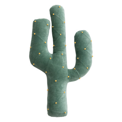 Cotton Velvet Cactus Shaped Pillow With Hand-Embroidered French Knots, Green And Yellow