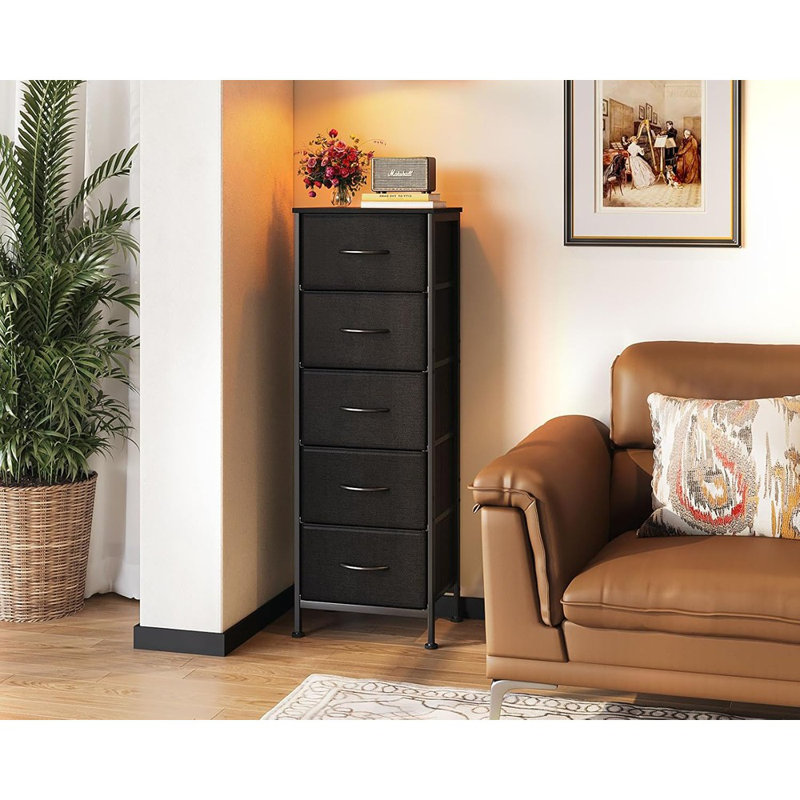 Commode pour chambre à coucher avec 5 tiroirs de rangement, commode en tissu de 48 po de hauteur avec structure en acier robuste, noir