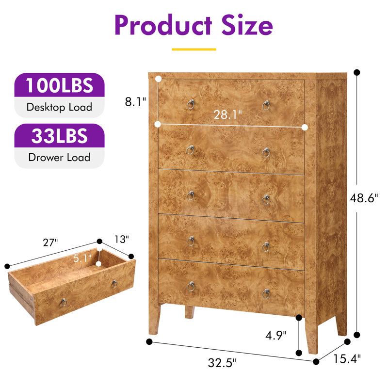 Dorne Modern High Gloss Burl 5-drawer Chest With Smooth Storage Drawers, Yellow, Yellow