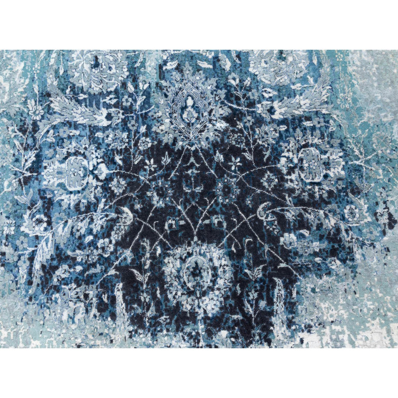 Tapis décoratif bleu noué à la main 8 pi 8 po de conception unique Chalino