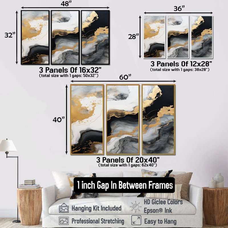 Glam Gold Flows - ensemble d'art mural en marbre noir, H 28 po x l 36 po x P 1 po, Cadre flottant brun