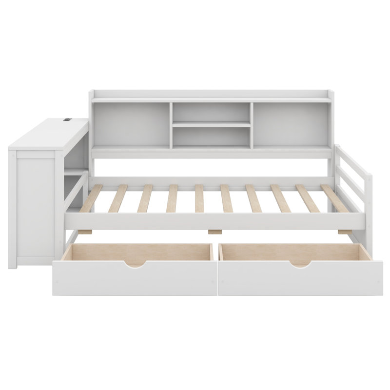 Lit de jour d'angle avec bureau, tiroirs de rangement, bibliothèque et port de charge, parfait pour les petites pièces, Blanc
