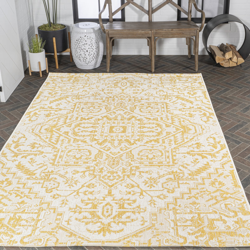 Truman Bohemian Medallion Textured Weave Cream/Yellow Indoor/Outdoor Rug, Rectangle 3'11" x 6'
