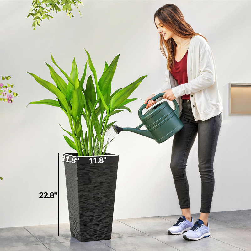 22.8 Inch Set Of 3 Outdoor Planters With Stone Finish And Wheels, Stackable Tapered Planters With Drainage Hole, Black, Black