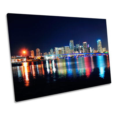 Miami Florida Night Skyline - Wrapped Canvas Print
