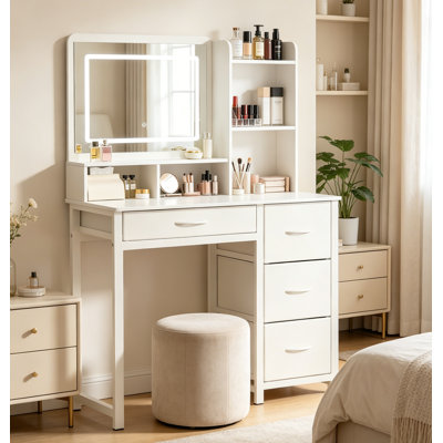 35" W Modern Makeup Vanity Desk with LED Lighted Mirror, 4 Storage Drawers, 3 Lighting Modes, Sturdy Metal Frame Vanity Table Set for Bedroom, White