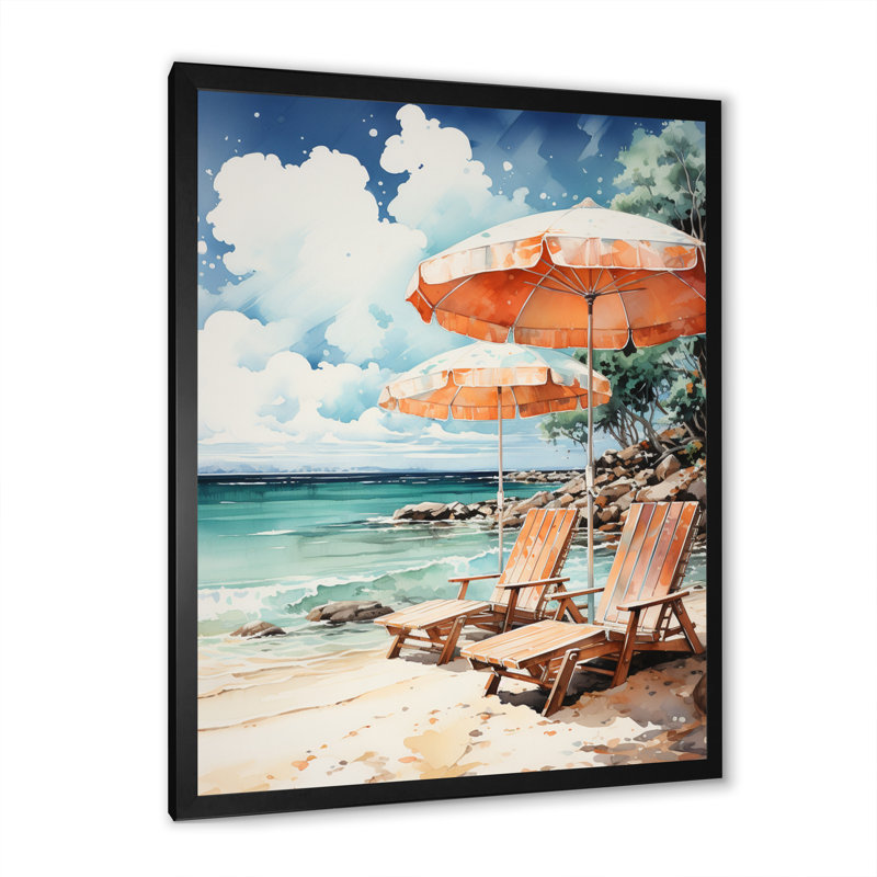 «Vintage Beach Chairs Scenery II», reproduction sur toile, Cadre photo noir, H 20 po x l 12 po x P 1 po