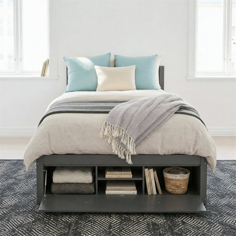 Platform Bed Frame With 4 Storage Drawers And Footboard Storage, Gray