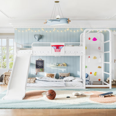 Metal Loft Bed with Shelves, Built-In Slide, Basketball Hoop, Climbing Wall and Pull-Up Rings