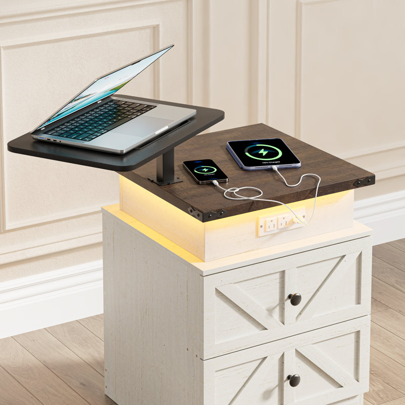 White Farmhouse Night Stands with Charging Station and LED Light