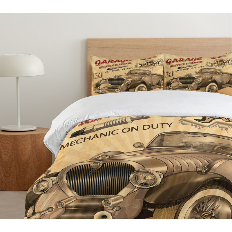 Twin Vintage Car Print Polyester Duvet Cover Set