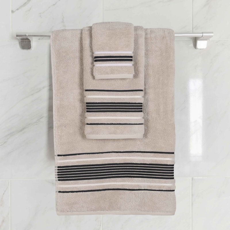 Sadie Zero Twist Cotton Solid and Jacquard Absorbent Assorted Towel Set, Towel Set – 3 Pieces, Striped, Stone