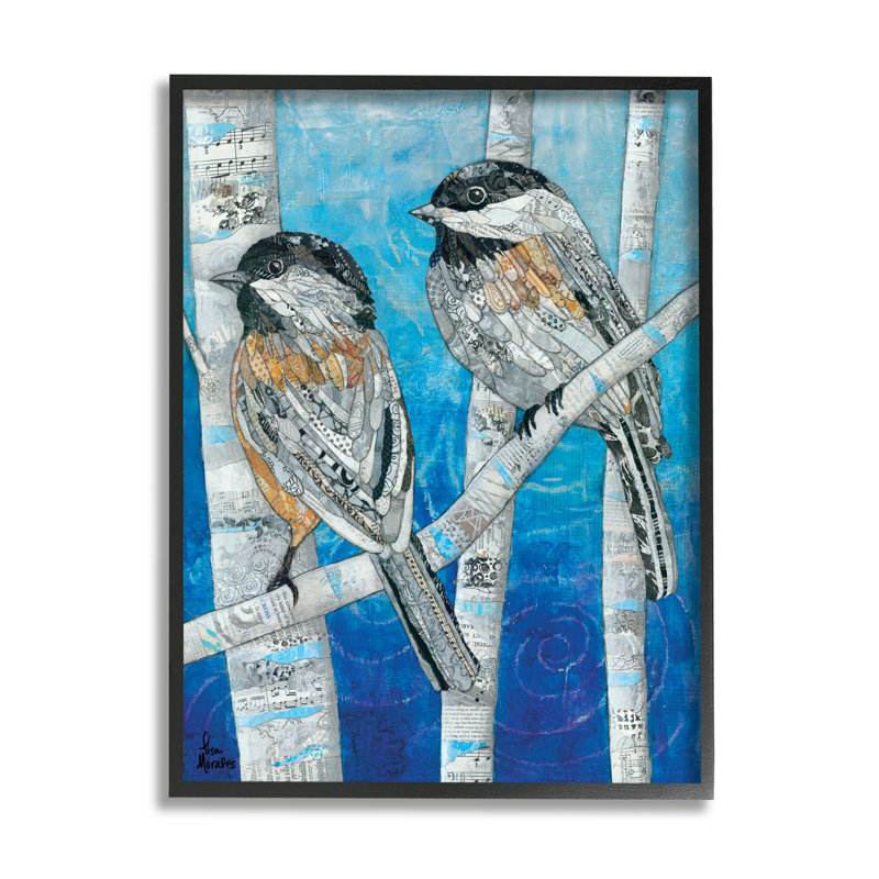 Chickadees perché en superposition d'éphémères, collage d'oiseaux - cadre flottant, impression sur bois