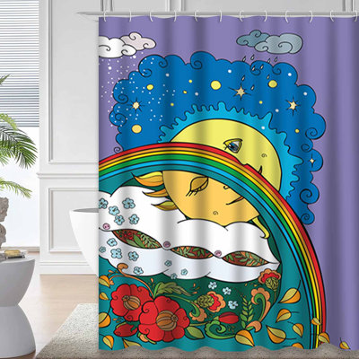 Sun Moon Children Rainbow Sky Seasons Shower Curtain with 12 Hooks