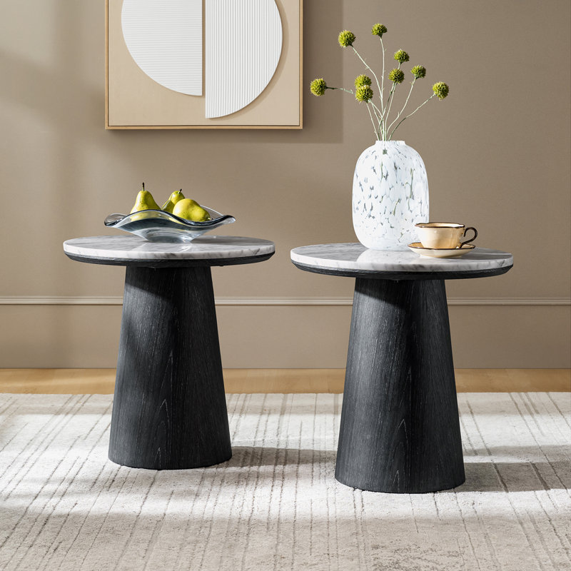 Myconos Modern Round End Table with Genuine Marble Top and Oak Veneer, Black
