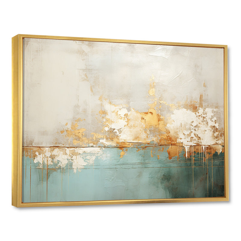 Minimalisme doré et bleu sarcelle horizon I - peinture abstraite, art mural, H 34 po x l 44 po x P 1,5 po