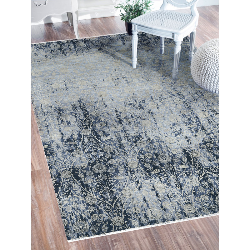 Tapis bleu en laine et en soie noué à la main Tod, Rectangle 2 pi x 3 pi