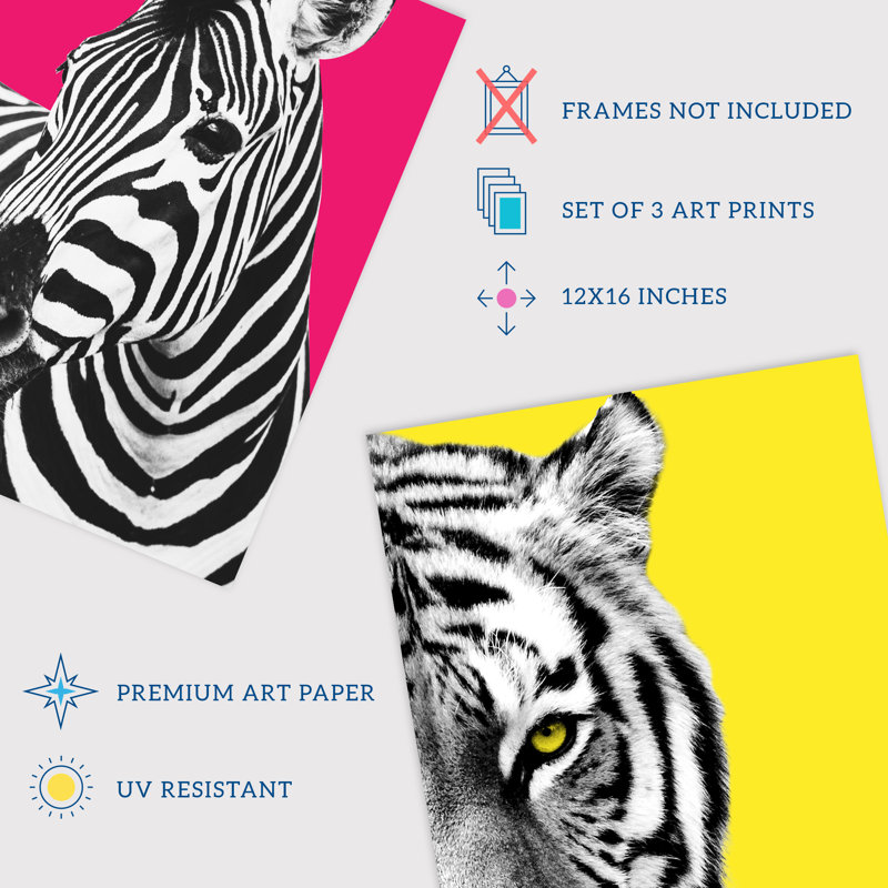 Bright Wild Animal Pink Yellow Zebra Lion Leopard Colour Block - 3 Piece No Frame Print Set, 40.5cm H x 30.5cm W x 0.3cm D