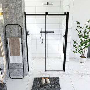 Porte de douche simple sans cadre 48 po x l 72 po, porte de douche en verre trempé transparent de 1/4 po d'épaisseur avec système de rail à roulement en zinc, poignée en acier inoxydable, noir mat