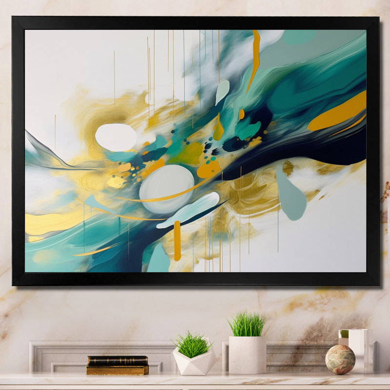 Jaune et turquoise, ordre complexe II sur toile, H 30 po x l 40 po x P 1,5 po, Cadre photo noir simple