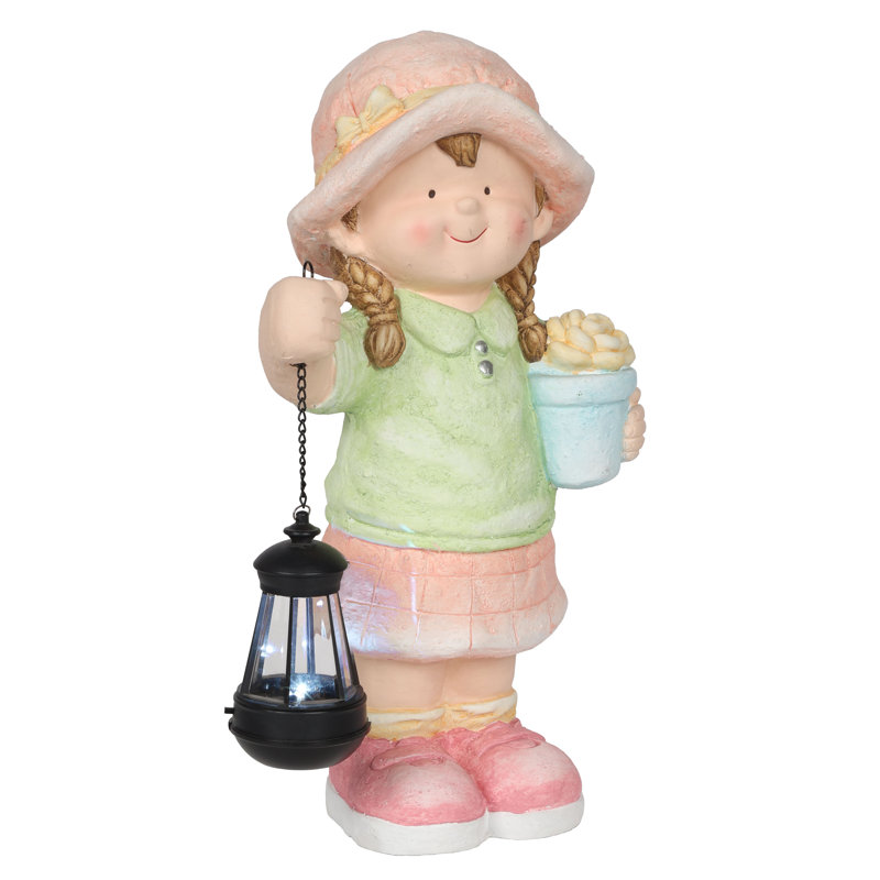 17" Tall Girl Holding Lantern Solar LED Light Statue