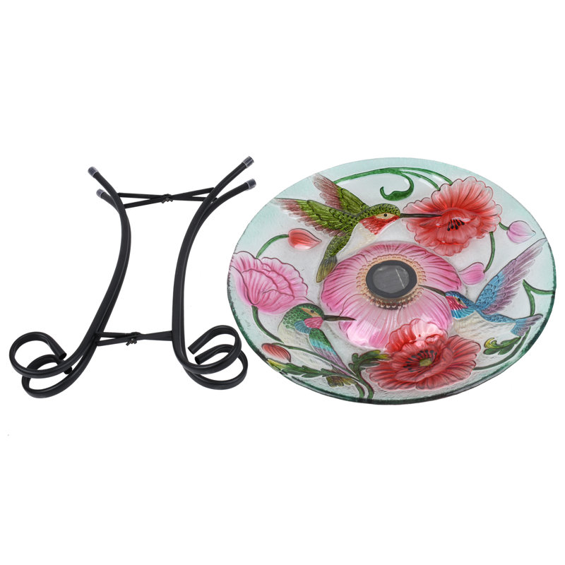 Solar LED Floral Glass Bird Bath with Metal Stand