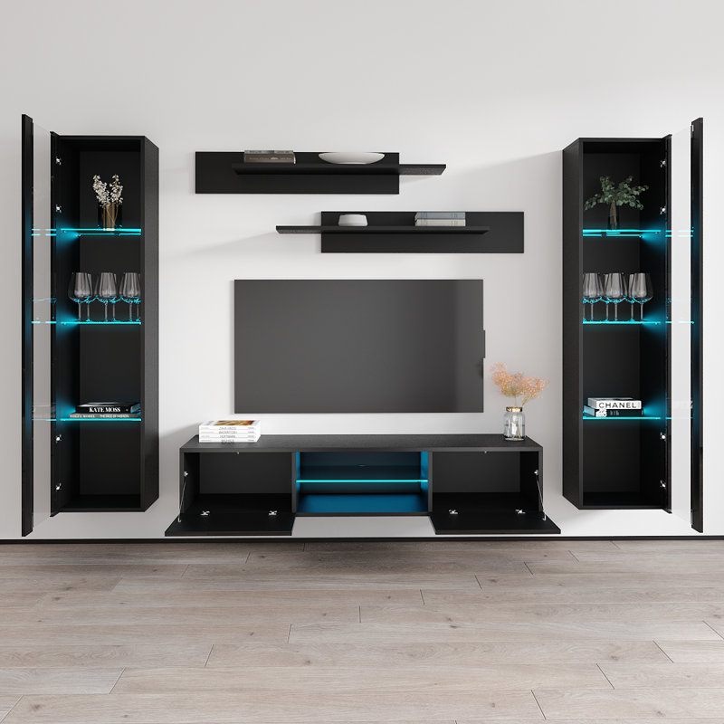 Floating 100" Modern Entertainment Center with 16-Color LED Lighting, High Gloss Finish, Black