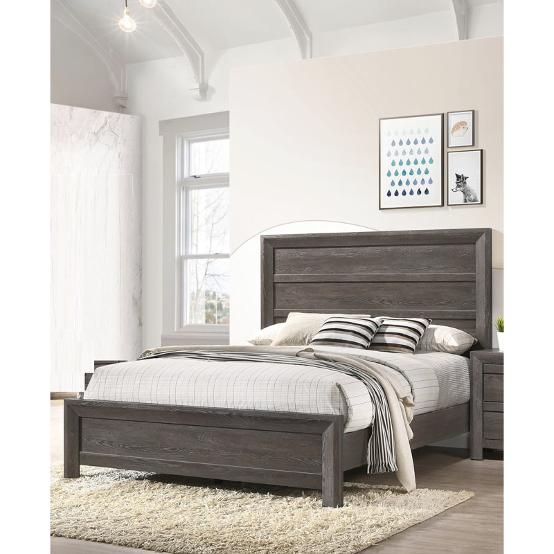 Lit double gris et brun rustique, meubles en bois de style contemporain avec tête de lit, Lit double, Brun / Gris
