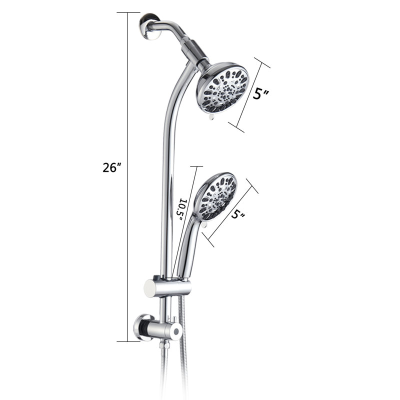 Douche murale en acier inoxydable - double tête à 7 réglages, barre coulissante, finition, débit de 1,8 gal / min, fixation par barre à corrosion, raccord de 1/2 po
