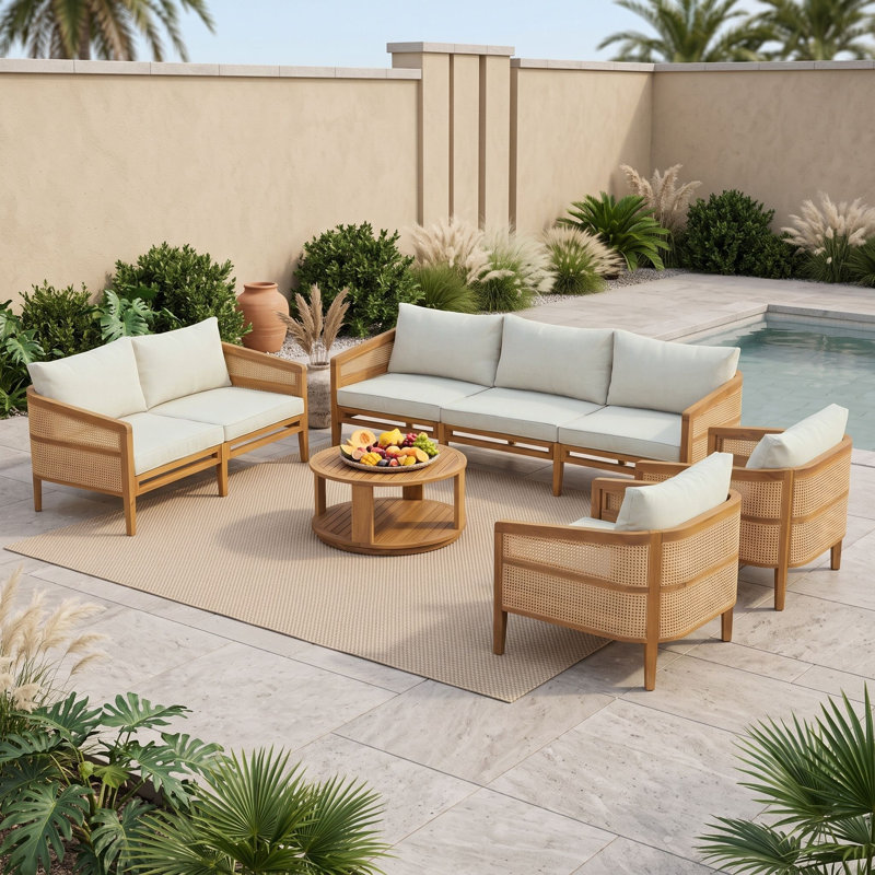 Ensemble de conversation de patio 5 pièces avec canapé 3 places, causeuse, deux fauteuils club, table basse et coussins amovibles