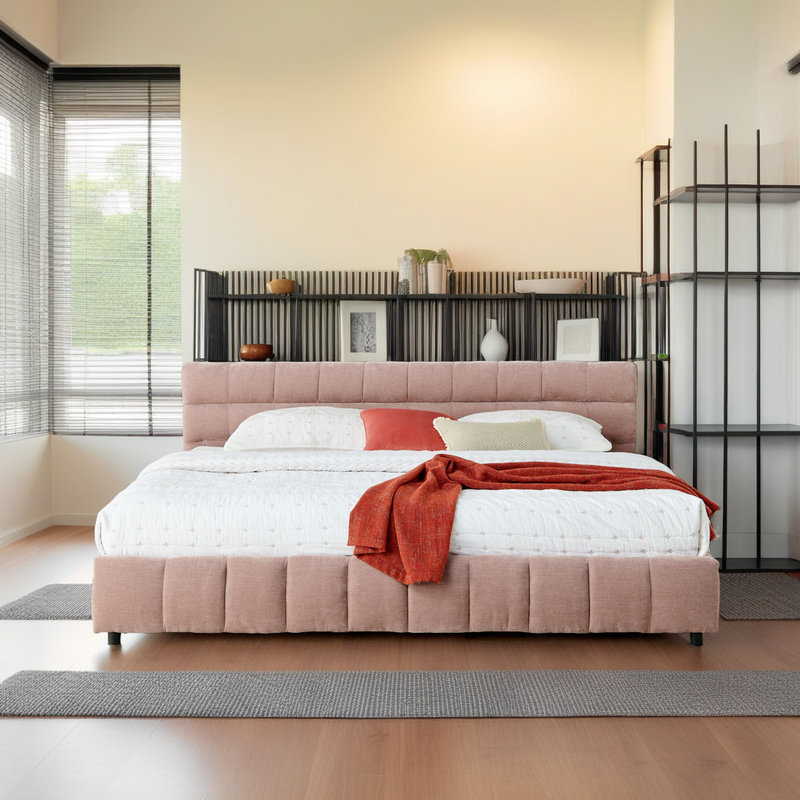 Très grand lit plateforme tapissier avec tiroirs de rangement, tissu chenille, tête de lit douce, Rose
