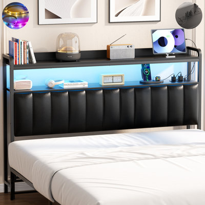 Upholstered Headboard with LED Lights and Charging Station by Aheaplus