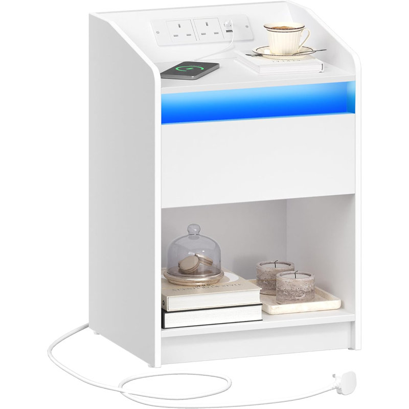 Bedside Table with LED Light, Bedside Cabinet with Charging Station, 1 Storage Drawer Nightstand for Bedroom, Living Room, 2 USB Port, 2 Outlets, Open Compartment