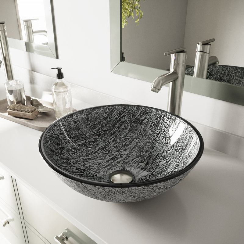 Giovanni 17" L x 17" W x 6" H Round Glass Vessel Bathroom Sink with 13" H Faucet, Brushed Nickel, Brushed Nickel