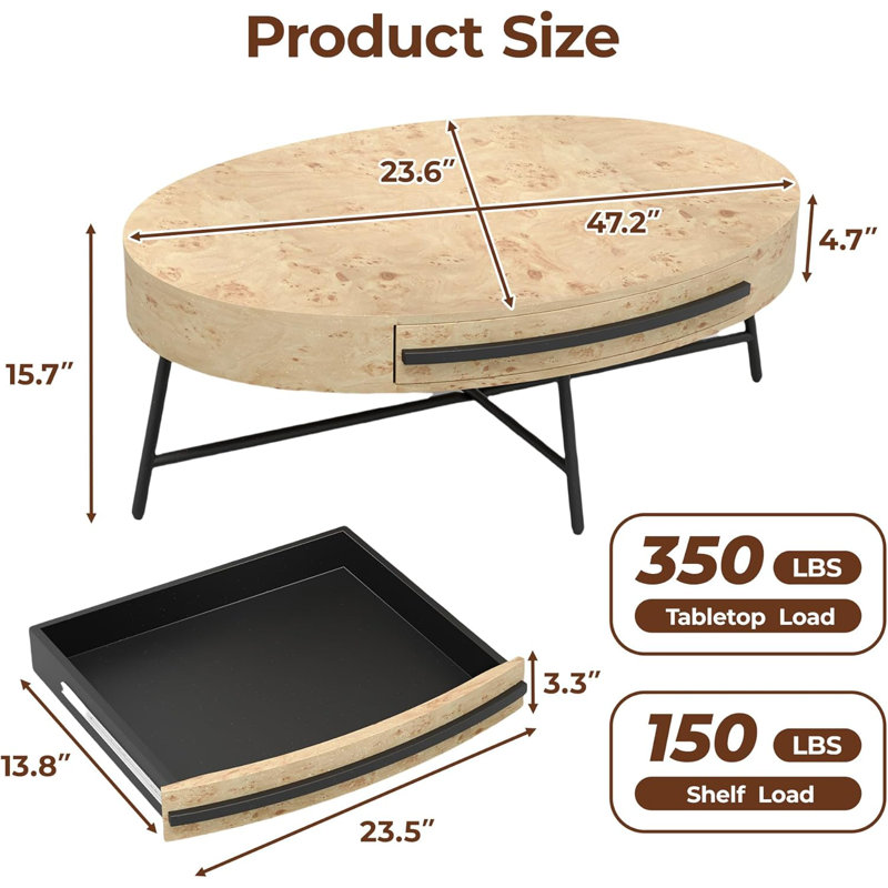 Oval Coffee Table with Drawers Center Table Rustic Coffee Tables, Natural