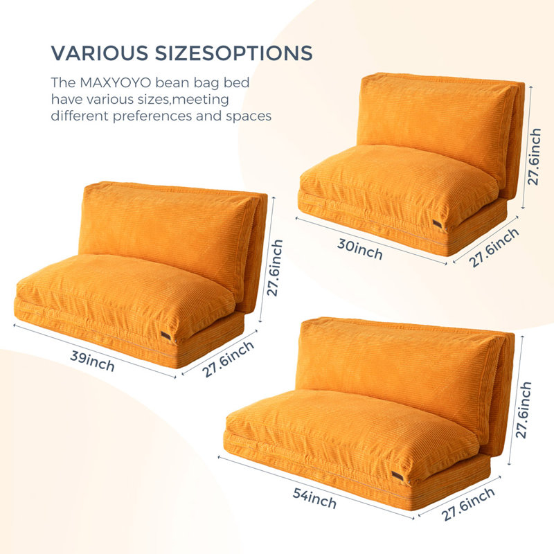 Canapé-lit Holly-Madison, Velours côtelé orange, H 4,7 po x l 54 po x P 95 po
