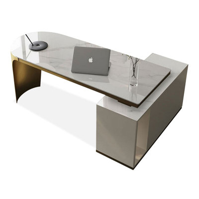 Bureau rectangulaire en pierre + bois manufacturé + acier inoxydable avec 3 tiroirs